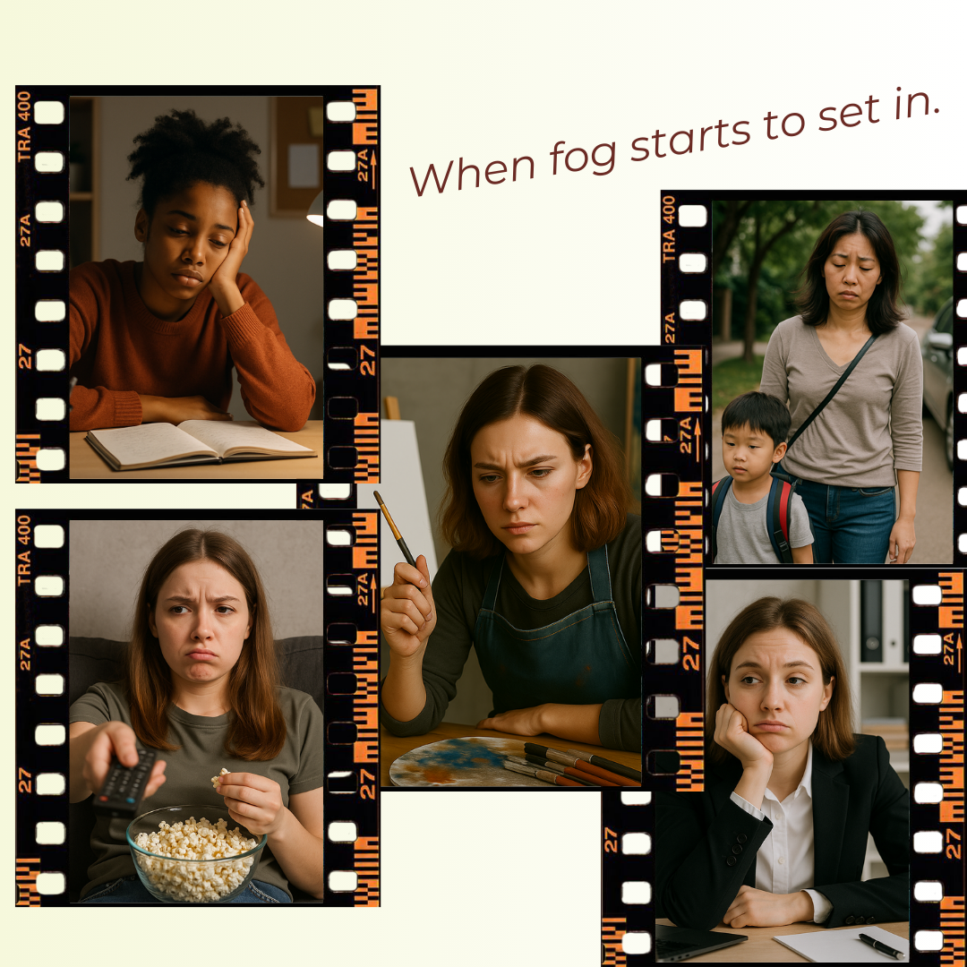 Collage of women who are tired and foggy