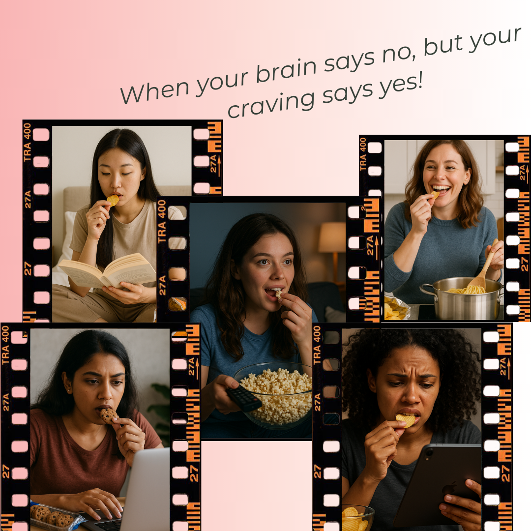 Collage of women munching unhealthy snacks