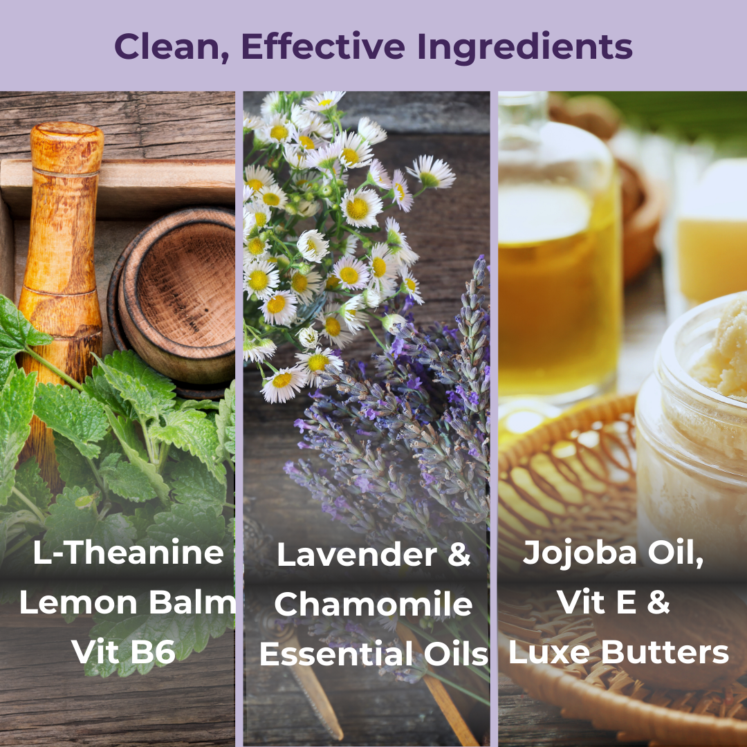 Efpy Calm micro-dose lip balm ingredients -  L-theanine, lemon balm, Vitamin B6, lavender, chamomile, jojoba oil, Vitamin E, shea butter, mango butter