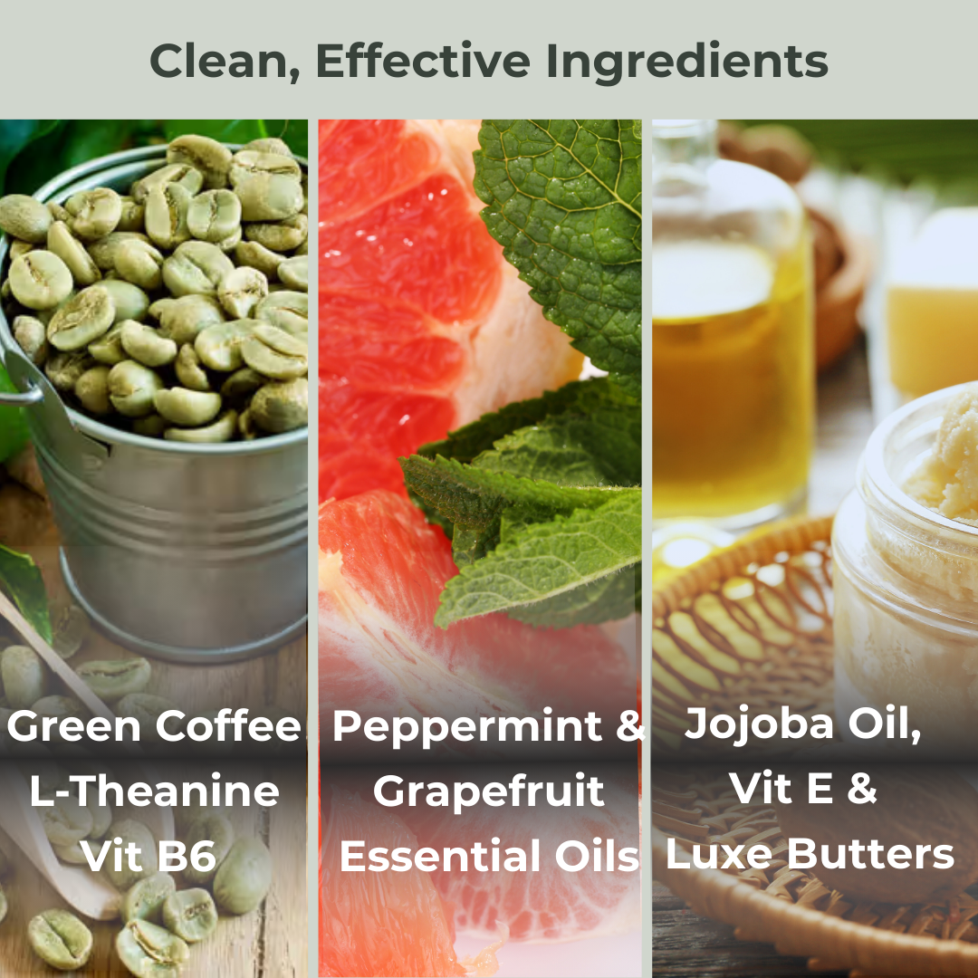 Efpy Curb micro-dose lip balm ingredients - green coffee, L-theanine, Vitamin B6, Peppermint, grapefruit, jojoba oil, Vitamin E, shea butter, mango butter