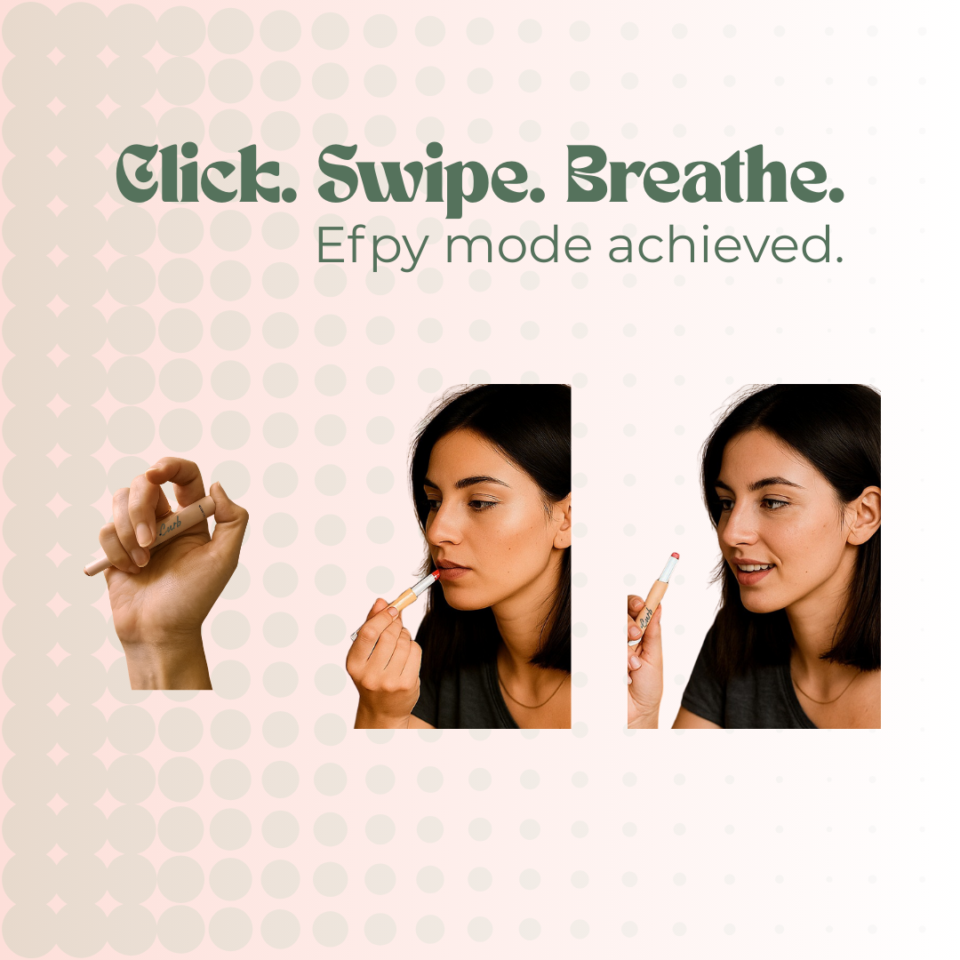 Woman using Efpy micro-dose lip balm showing the Click-Swipe-Breathe ritual